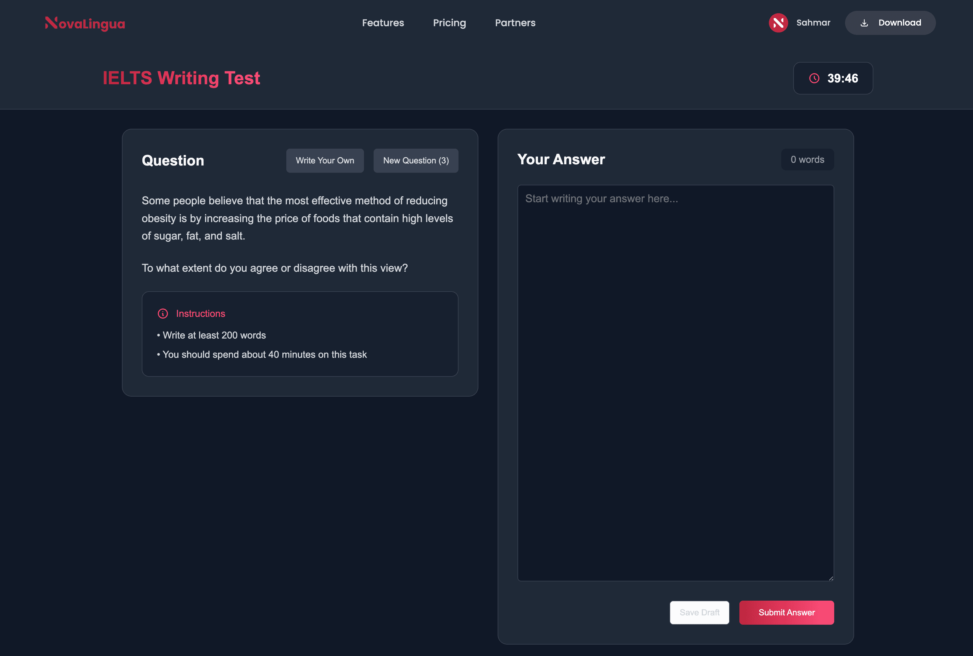 Writing Task Interface